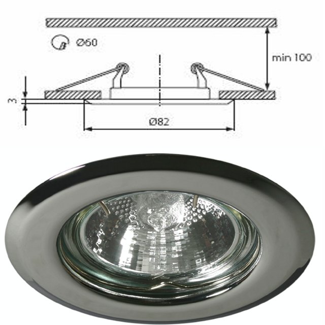 Plafonnier aluminium spot encastr&eacute; fixe pour dichroique halog&egrave;ne 50mm chrome
