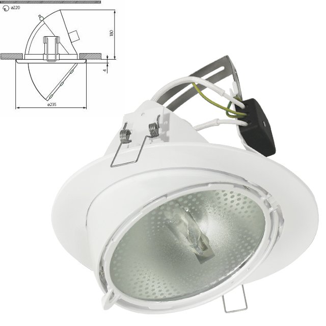 Downlight aluminium encastré orientable pour iodure Rx7S 70W blanc