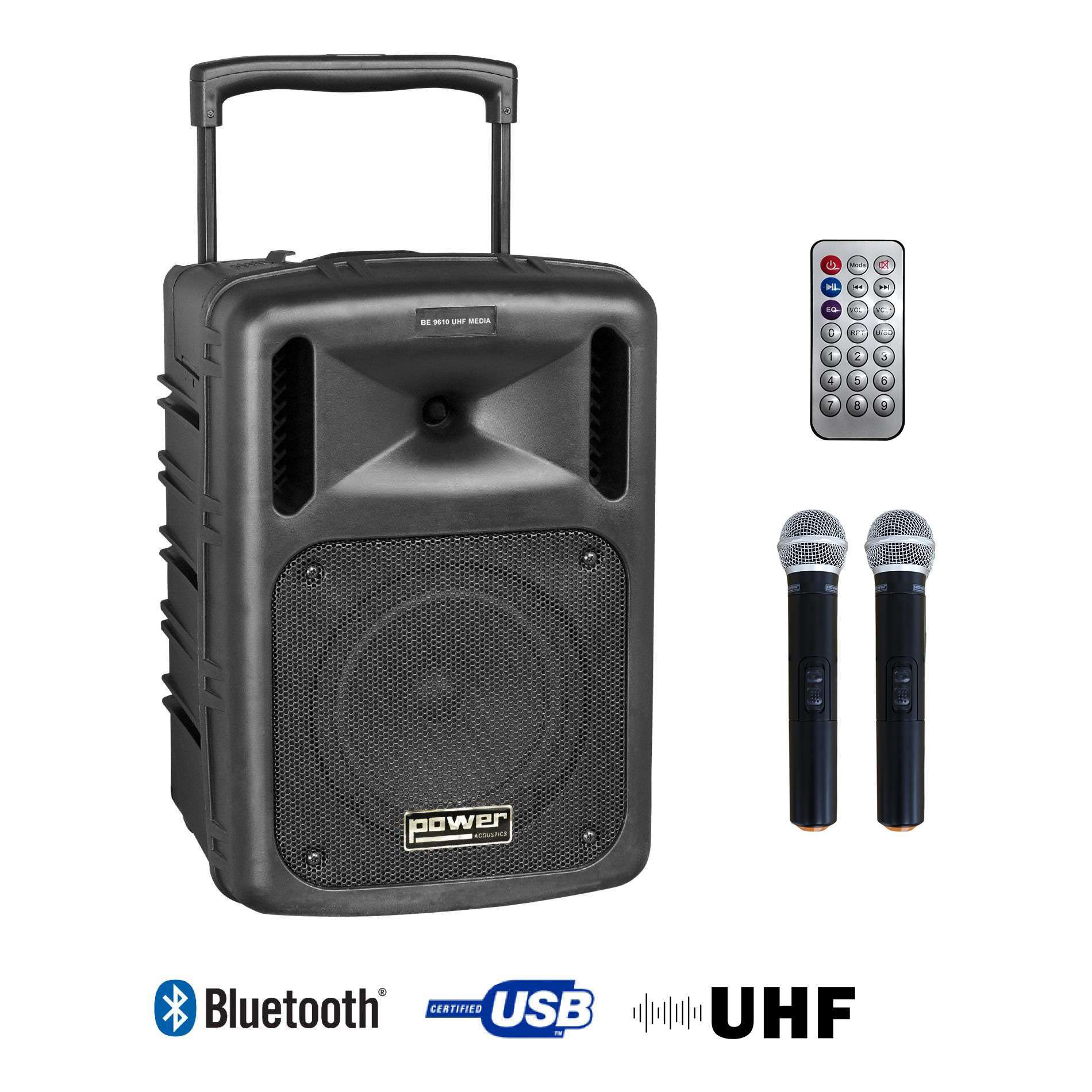 BE9610 UHF Media Power acoustics - Enceinte autonome sur batterie 2 micro  sans fil lecteur USB Bluetooth