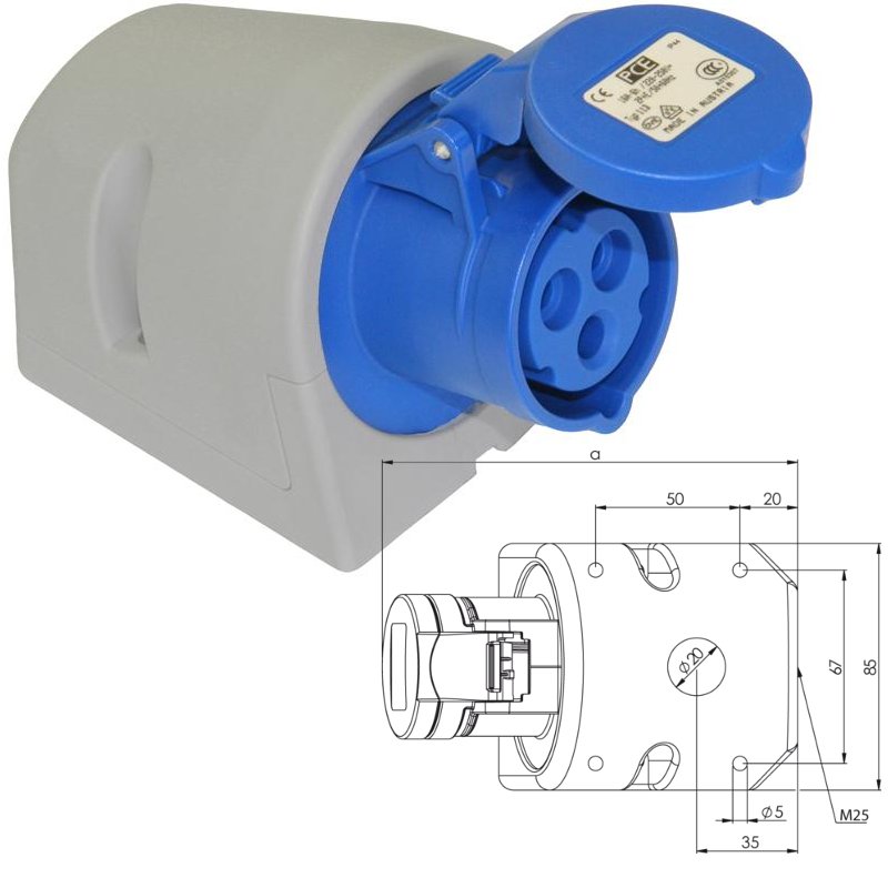 Socle P17 femelle 32A Monophasé 3 points 240V IP44 Turbo twist