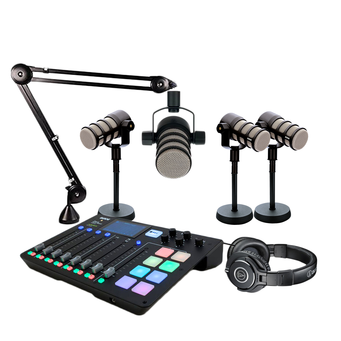 Pack Podcast Rode avec 1 table de mixage 4 micros avec pieds 4 casques