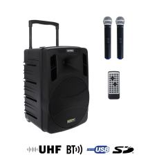 BE 9412 V2 Power Acoustics - enceinte autonome avec lecteur CD MP3 SD USB DIVX Bluetooth et 2 micro mains sans fil UHF