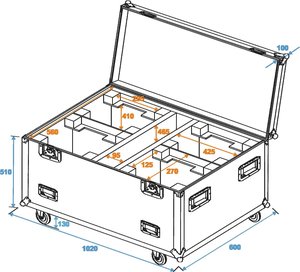 Flight case roadinger - pour 4 lyres moyennes avec roulettes