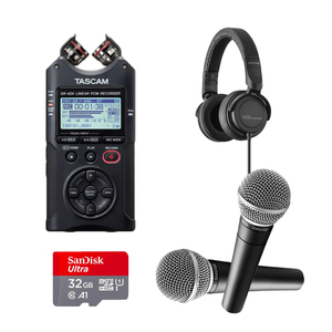 Bundle Nomade Pack pour Podcast ou interview en plein air avec enregistreur 2 micros, casque et carte sd