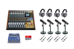 Bundle Premium pour Radio & Podcast avec Console analogique Tascam, micro Shure, casque Beyerdynamic, pied, cable et préampli casque