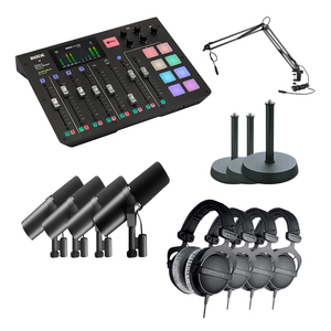 Bundle Prestige Pack pour Podcast pour 4 personnes, 1 surface de contrôle, 4 micros, 4 pieds, 4 casques