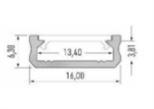 Profilé aluminium TypeD 16X6.3 pour ruban de led largeur max 13.4mm barre de 2m
