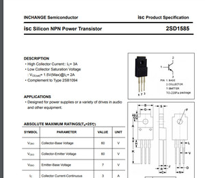 Transistor NPN 2SD1585 silicon 60V 3A 15W TO220F