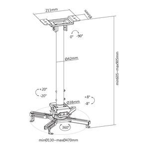 Support plafond vidéoprojecteur, Hauteur 60-90cm, Blanc  KIMEX