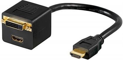 Image principale du produit Adaptateur HDMI male vers 1 HDMI femelle + 1 DVI-D femelle