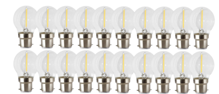 Image principale du produit Lot de 20 ampoules led B22 spériques claires blanc chaud 1W à globe plastique