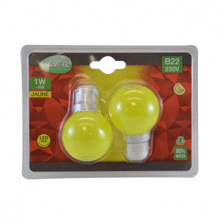 Image principale du produit Ampoule LED B22 Sphérique 1W Jaune Blister x 2