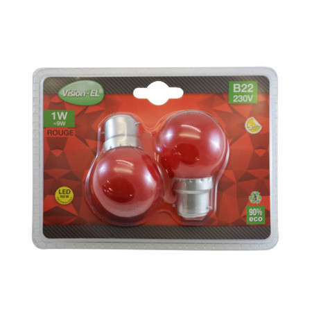 Image principale du produit Ampoule LED B22 Sphérique 1W Rouge Blister x 2