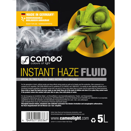 Image secondaire du produit Liquide à brouillard Cameo INSTANT HAZE FLUID 5L Spécial sans huile pour machines à brouillard Cameo.