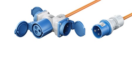 Image principale du produit Cordon adaptateur caravane fiche mâle P17 vers P17 femelle + reprise 2 PC16 shucko 1,5m