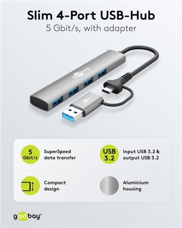 Image secondaire du produit HUB-USBC-USBA Goobay Hub USB Slim 4 Ports 2-en-1 – USB-C / USB-A – 5 Gbit/s