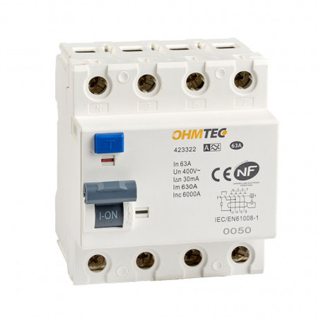 Image principale du produit Interrupteurs différentiels 30mA tétrapolaires 63A type A Ohmtec