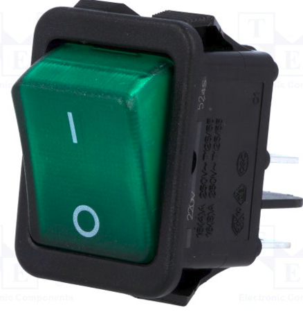 Image principale du produit Interrupteur à bascule bipolaire 230V 16A vert avec temoin lumineux