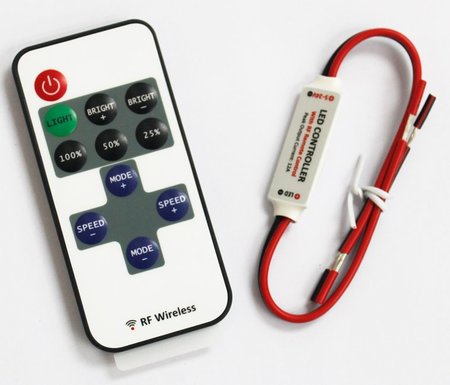 Image principale du produit Contrôleur pour ruban led 3528 et 5050 unicolore avec télécommande RF faible encombrement