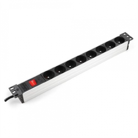 Image principale du produit Multiprise noire 8 prises françaises 16A + inter rackable 19 pouces.