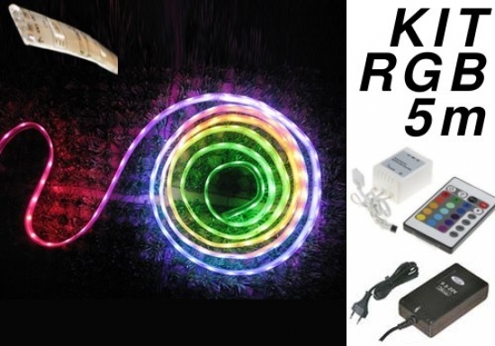 Image principale du produit Kit 5 m de Ruban LED RVB 60 Leds/m IP65 avec contrôleur et alimentation