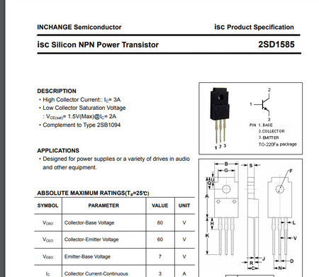 Image secondaire du produit Transistor NPN 2SD1585 silicon 60V 3A 15W TO220F