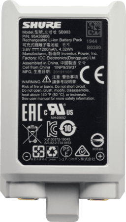 Image principale du produit Batterie Lithium rechargeable Shure SB903 pour micro SLXD1 et SLXD2