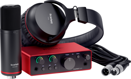 Image principale du produit SCARLETT4 Solo Studio Focusrite - Pack Carte son 2 entrées 2 sorties 192KHz + micro statique + casque studio