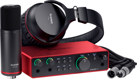 Image principale du produit SCARLETT4 Studio Focusrite - Pack Carte son Scarlett4 2i2, 2 entrées 2 sorties 192KHz + micro statique + casque studio