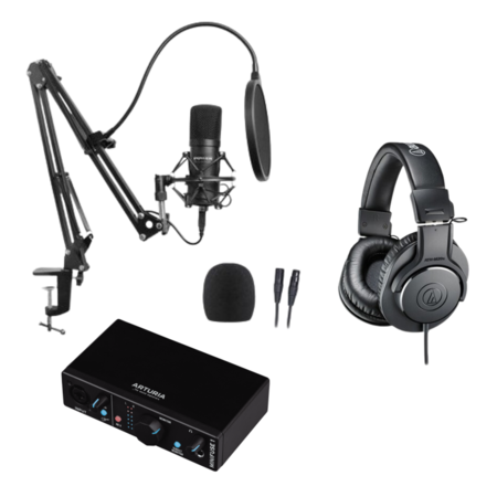 Image principale du produit Pack avec pied de micro, micro XLR, carte son et casque pour enregistrement studio