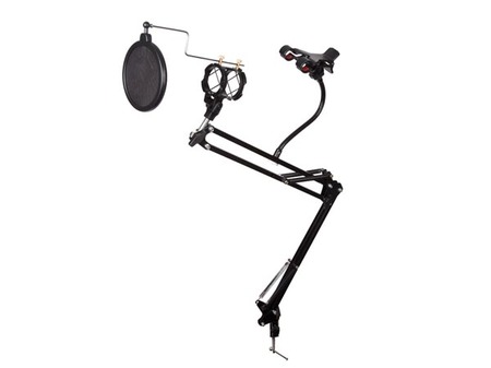 Image principale du produit Support micro + smartphone sur doubles bras reglables avec suspension avec filtre et fixation table