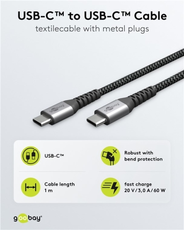Image secondaire du produit USBC-USBC Goobay Câble USB-C vers USB-C Textile 2m – Charge Rapide 60W avec Connecteurs Métalliques